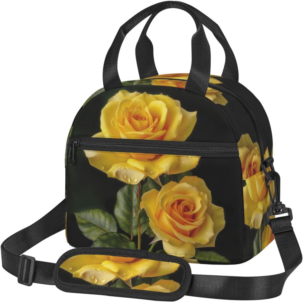 Yellow Rose print Lunch Bag Reusable Insulated Lunch Boxes Cooler Tote Bags For Work Office Picnic Travel