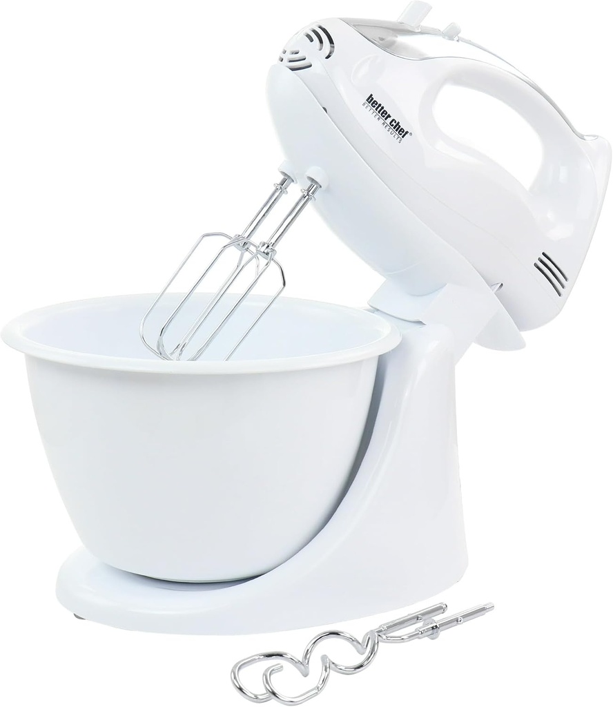 Better Chef 200 Watt Stand and Hand Mixer with Mixing Bowls – Interchangeable Beaters & Dough Hooks – Compact Electric Kitchen Mixer with Ergonomic Handle – White