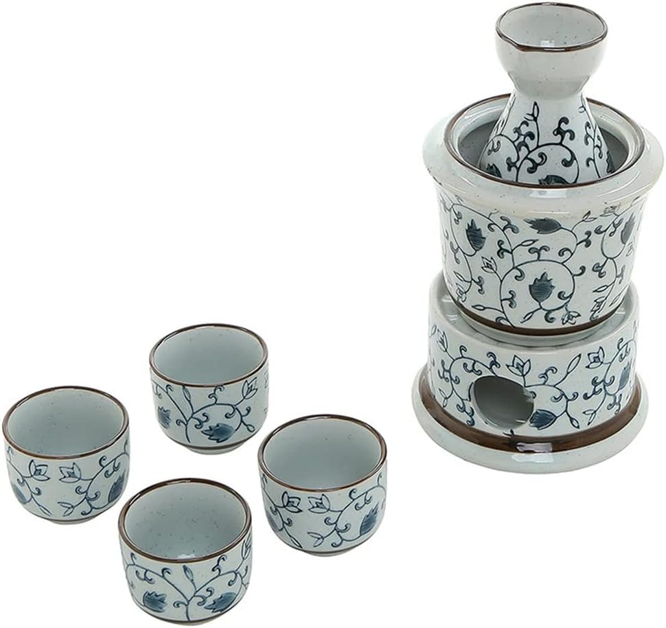 7-Piece Floral Design Ceramic Japanese Hot Sake Set with Warmer, 4 Cups, Carafe & Heating Pot (Color : A, Size : 1 Set) (C 1 Set)