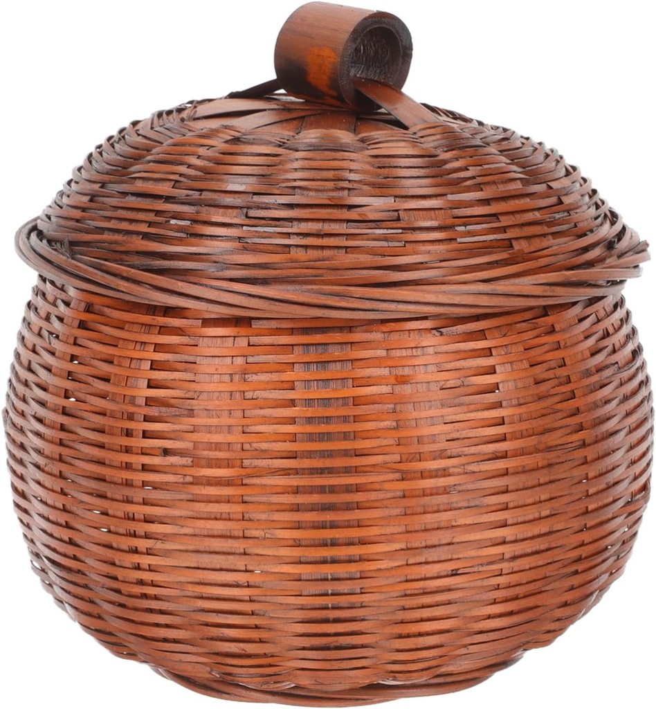 PATKAW Rattan Storage Basket Pumpkin Shape Round Rattan Boxes with Lid Wicker Egg Basket Desktop Organizer Bin Caddy Container for Food Bread Snack Fruit