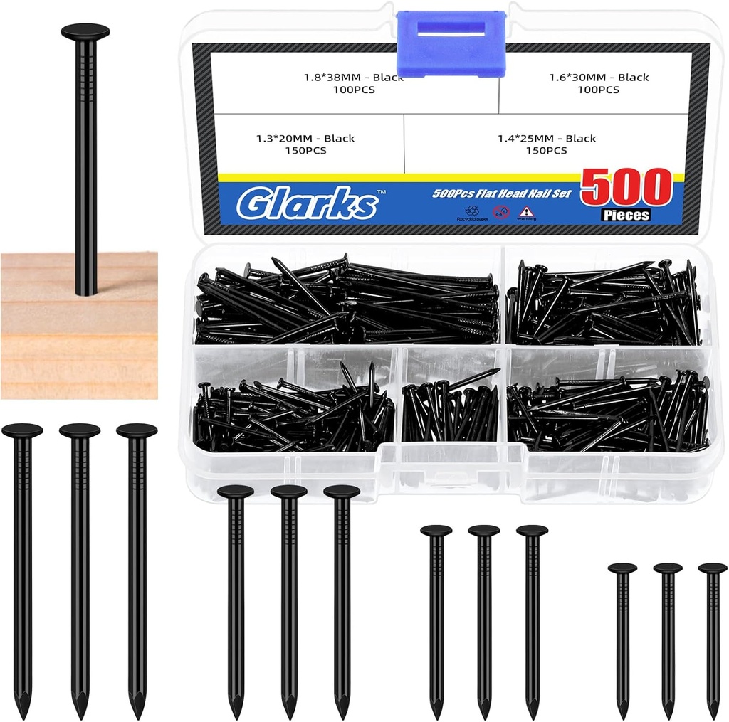 Glarks 500pcs 3/4’’ 1’’ 1-3/16’’ 1-1/2’’ Length Nail Assortment Kit, Black Hanging Nails, Finishing Nails, Wall Nails, Wood Nails, Common Nails, Hardware Nails for Picture Wall Hanging