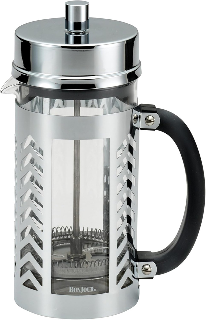 BonJour Coffee Glass and Stainless Steel French Press, 33.8-Ounce, Chevron