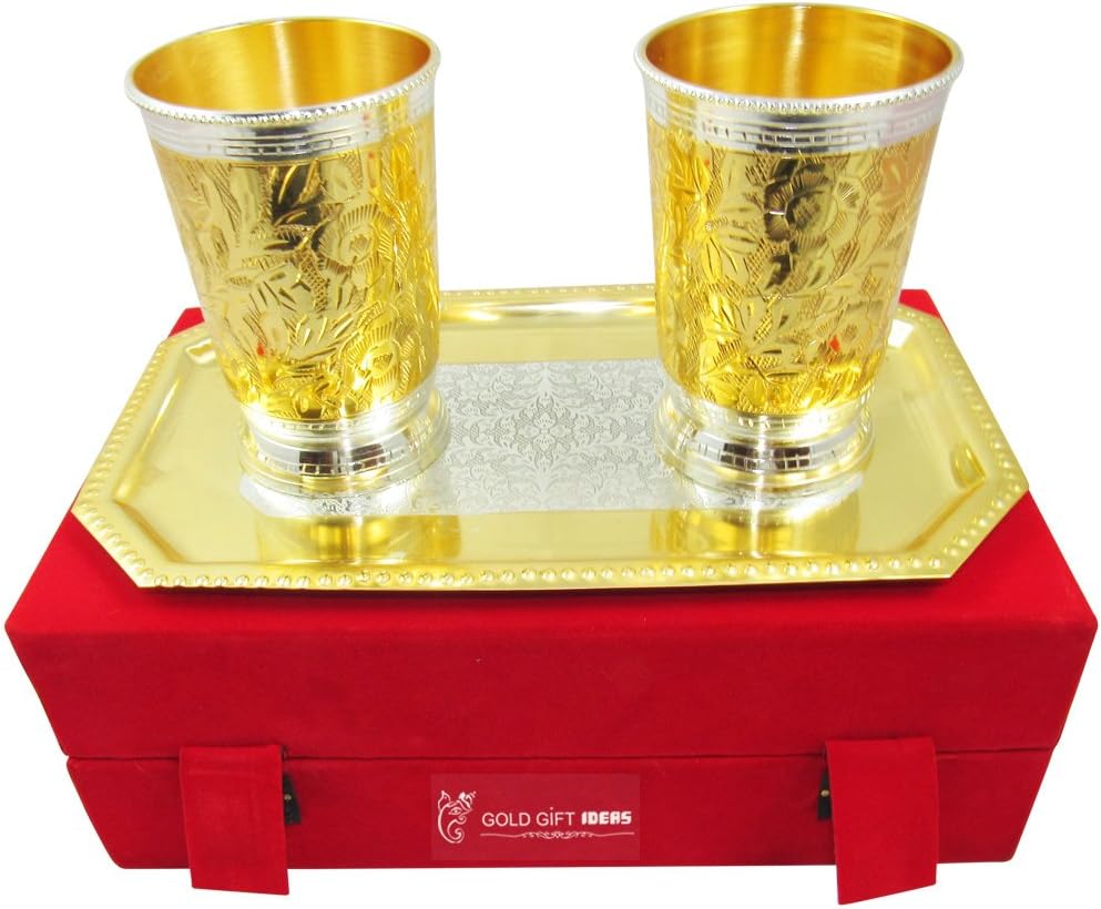GoldGiftIdeas Antique Gold-Silver Plated Glass and Tray Set, Glassware Serving Set, Water Glasses Set of 2