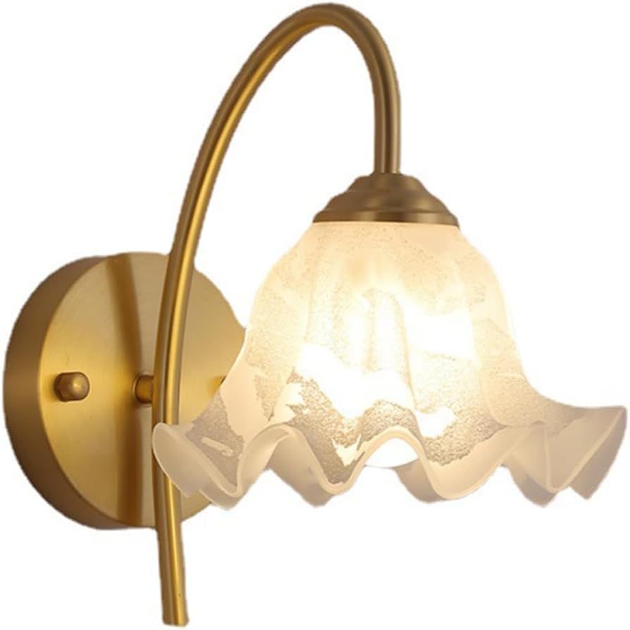 French Glass Wall Sconce, Gold Indoor Wall Mounted Light - E27 Socket, Bedroom Living Room Hallway Bedside Wall Lighting Fixtures with Creative Flower Shape Lampshade (H: 26cm)