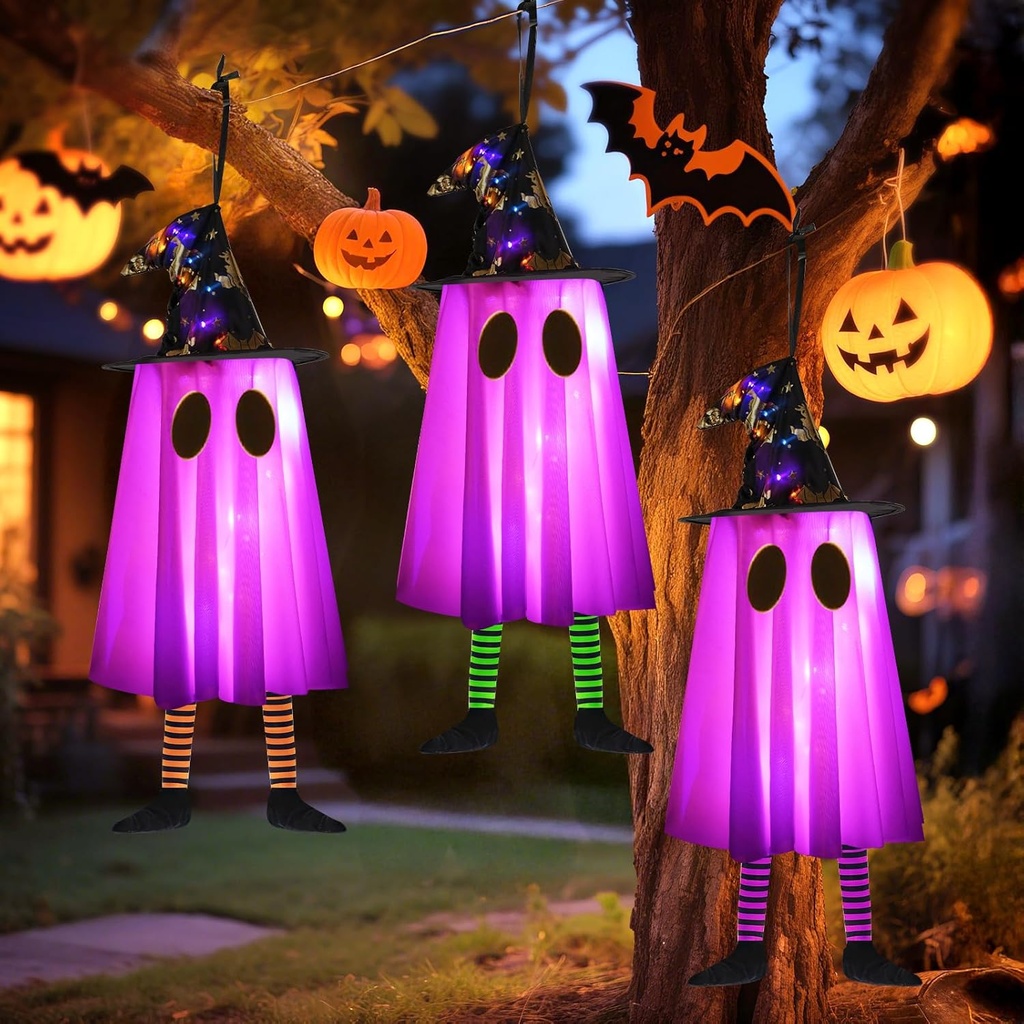 3P Lights Up Hanging Ghosts Halloween Decorations Outdoor(Purple & Orange), Timer, IP65 Waterproof, Battery Operated Halloween Lights with Witch Hats, Holiday Decorations for Tree Patio Garden