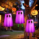 3P Lights Up Hanging Ghosts Halloween Decorations Outdoor(Purple & Orange), Timer, IP65 Waterproof, Battery Operated Halloween Lights with Witch Hats, Holiday Decorations for Tree Patio Garden