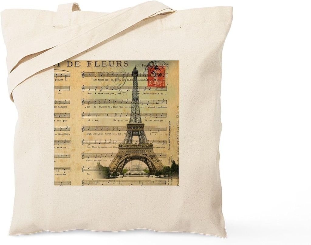 CafePress Vintage Music Notes Paris Eiffel Tower La Tote Bag Reusable Natural Beige Canvas Shopping Bag