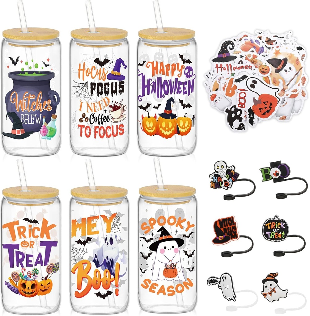 6 Pcs Halloween Glass Cups Tumbler with Silicone Straw Covers 16 oz Iced Coffee Tumbler Mason Jar Glass Cups with Lid and Straw Drinking Glasses Spooky Boo Basket Stuffers for Halloween Party Gift