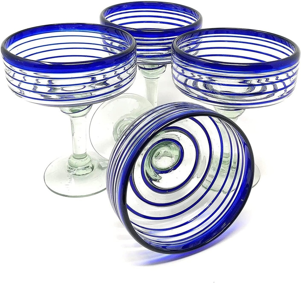 Unknown1 Mexican Hand Blown Glass Set of 4 Glasses (16 Oz) with Blue Spiral Design