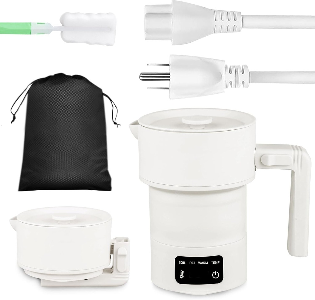 Travel Foldable Electric Kettle,Collapsible Electric Kettle Food Grade Silicone Small Pot Boiling water,0.6L/20.3oz Stainless Steel with Bag