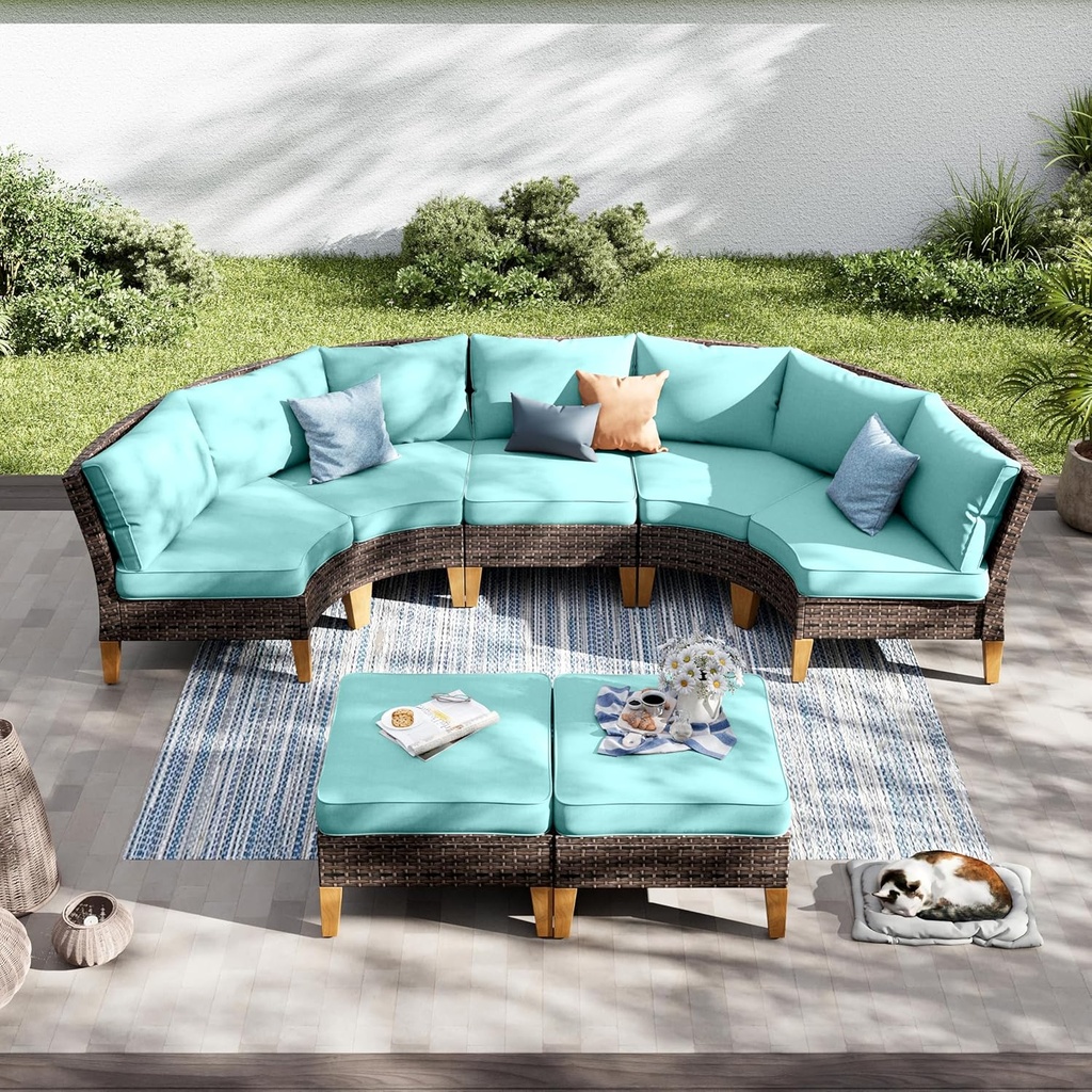PHI VILLA 5-Piece Wicker Patio Furniture Set, Outdoor Sectional Sofa Conversation Set with Aqua Blue Cushions, Half-Moon Curved Modular Couch for Garden, Deck, Backyard