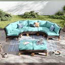 PHI VILLA 5-Piece Wicker Patio Furniture Set, Outdoor Sectional Sofa Conversation Set with Aqua Blue Cushions, Half-Moon Curved Modular Couch for Garden, Deck, Backyard