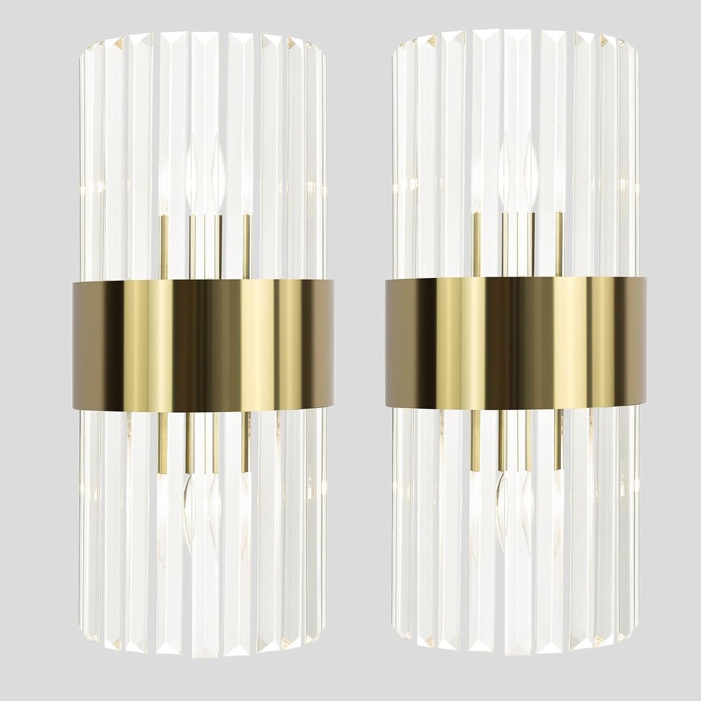 Gold Crystal Wall Sconce Set of 2, Modern Crystal Glass Sconces Lighting 2-Light Brass Glass Wall Light Fixtures for Bathroom Hallway Bedroom, 8-Inch