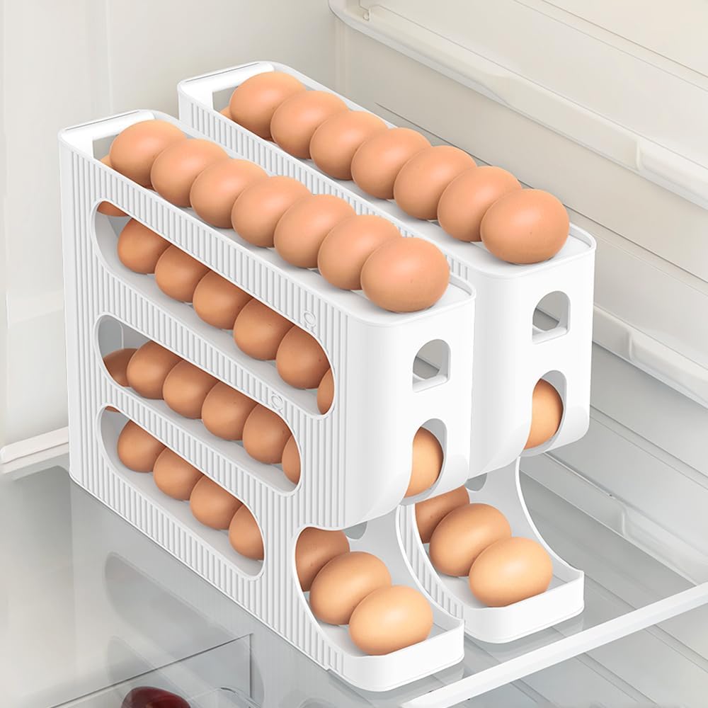 Automatic Rolling Down Egg Holder, 2 Pack Egg Organizer Storage for Refrigerator, Space Saving Container, Dispenser for Fridge - Only for "LARGE" Sized Eggs (Egg Roller Hold 56 Count)
