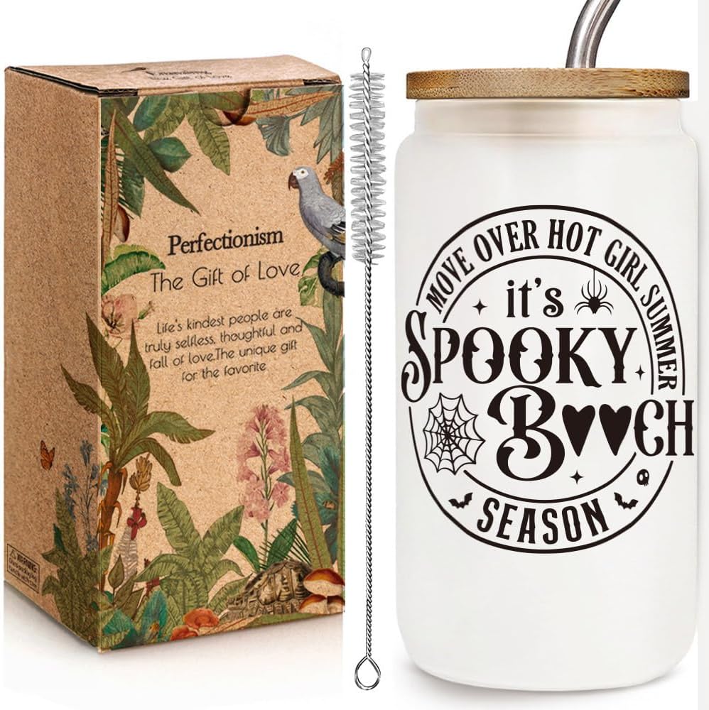 Halloween Cup It's Spooky Girl Season Gifts for Friend, Fall Gifts, Halloween Coworker Bats Cup, Halloweens Cups Gift for Best Friend, Spooky Season Mug 16 OZ Glass Cups with Bamboo Lid & Straw