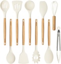 CAROTE Silicone Cooking Utensils Set, Kitchen Utensils Set 10 Pcs for cooking, BPA Free Spatula Set with Heat Resistant Wood Handles for Nonstick Cookware (Cream White)