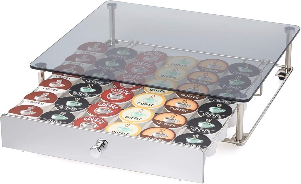 Nifty Rolling Coffee Pod Drawer - Glass Top & Chrome Finish, Compatible with K-Cups, 36 Pod Pack Holder, Compact Under Coffee Pot Storage Drawer, Slim Home Kitchen Counter Organizer