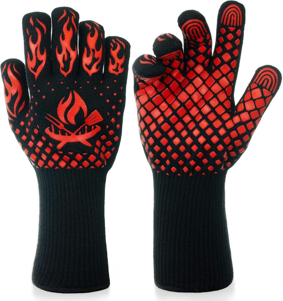 BBQ Gloves - 1472 Degree F Heat Resistant Grilling Gloves - Non-Slip Silicone Grip Design - Grill Gloves for Outdoor Grill, Barbecue, Oven, Cooking, Kitchen and Baking