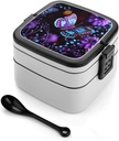 Purple Butterfly And Flowers Bento Box Double Layer Lunch Box for Adults with Spoon And Handle Stackable Lunchbox Leakproof Lunch Container for Work Picnic Travel