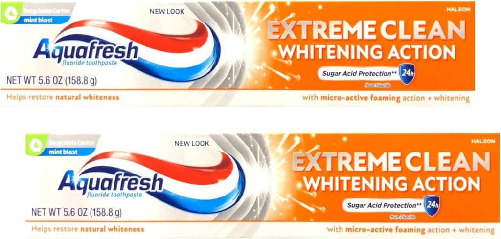 Aquafresh Extreme Clean Whitening Action Fluoride Toothpaste, Mint Blast, 5.6 oz (Pack of 2)