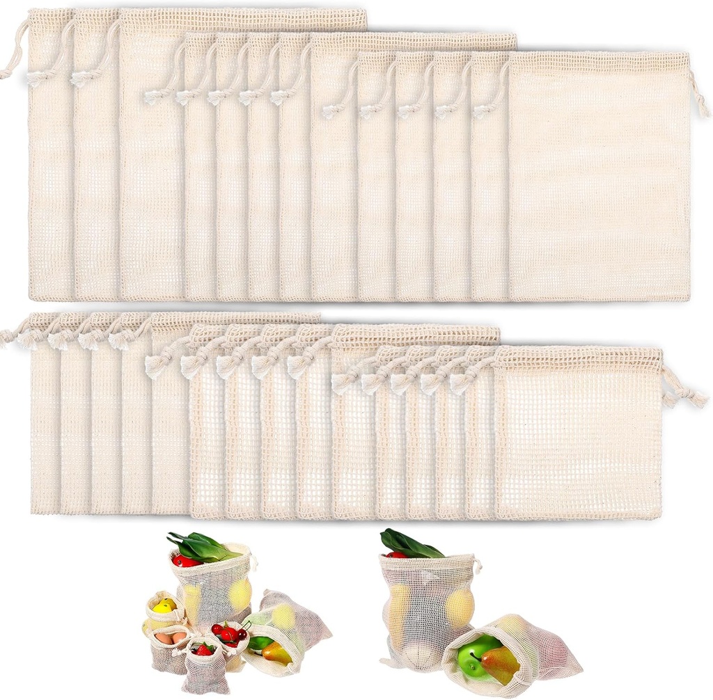 28 Pack Reusable Produce Bags, Mesh Vegetable Bags Washable Cotton Grocery Produce Bag with Drawstring for Vegetable Shopping Transporting Storing Farmers Market Beach