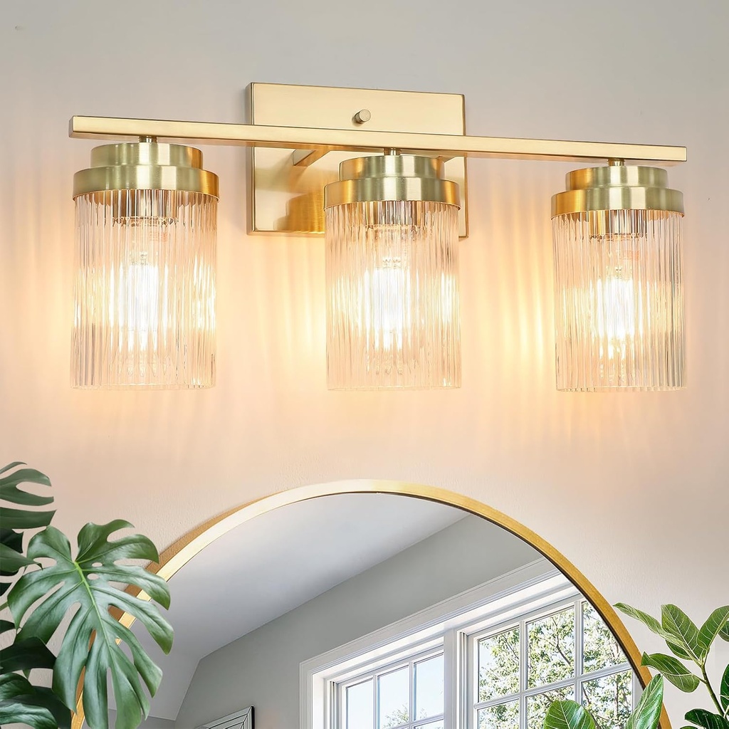 Gold Bathroom Light Fixtures 3 Lights Vanity Light with Grooved Glass Shade Vanity Lights for Bathroom Vanity Lighting Fixtures Wall Mount | Brushed Gold Lights Over Mirror