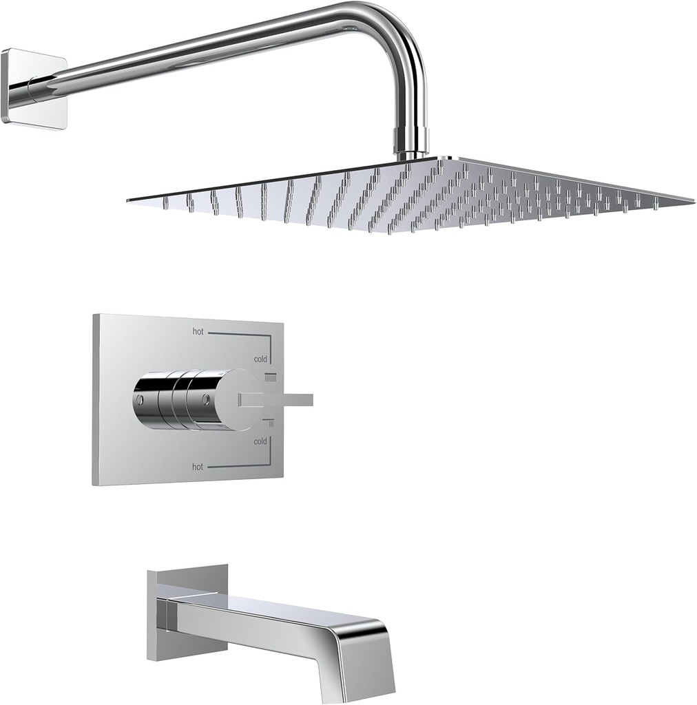 Rain Shower System with Waterfall Tub Spout 2 Function Chrome Shower Faucet Set Contain 12 Inch Shower Head and Tub Spout Trim Kit (Valve Included)