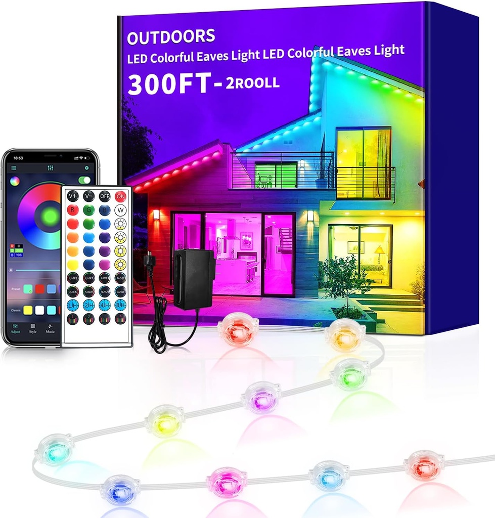 300ft Permanent Outdoor Light,RGB Eaves Lights with App Control Remote,DIY IP67 Waterproof Under Eave Lighting,Outside led Lights for House,Party,Christmas Decorations(2 Rolls 150FT)