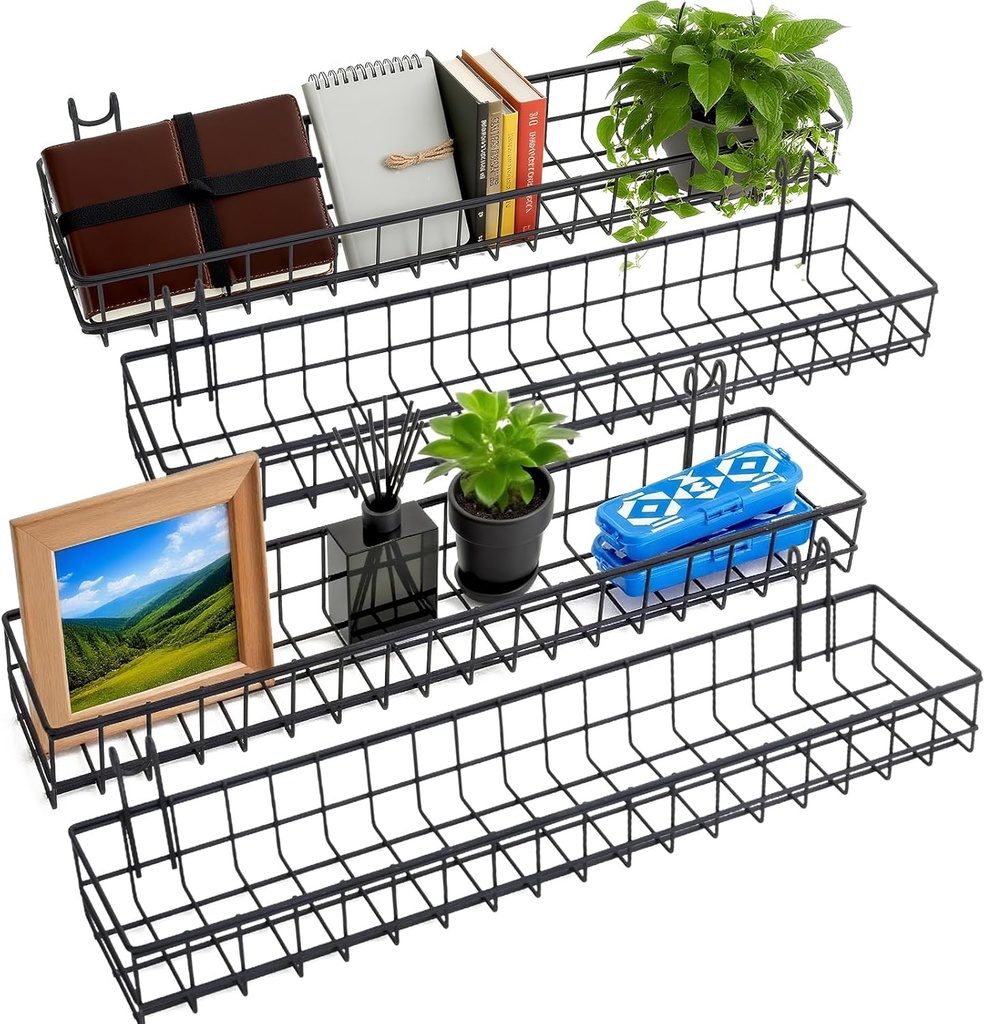 4 Pcs Metal Grid Wall Baskets with Hooks, Hanging Wire Basket Wall Mount Storage Organize for Kitchen, Bathroom, Office (Black)