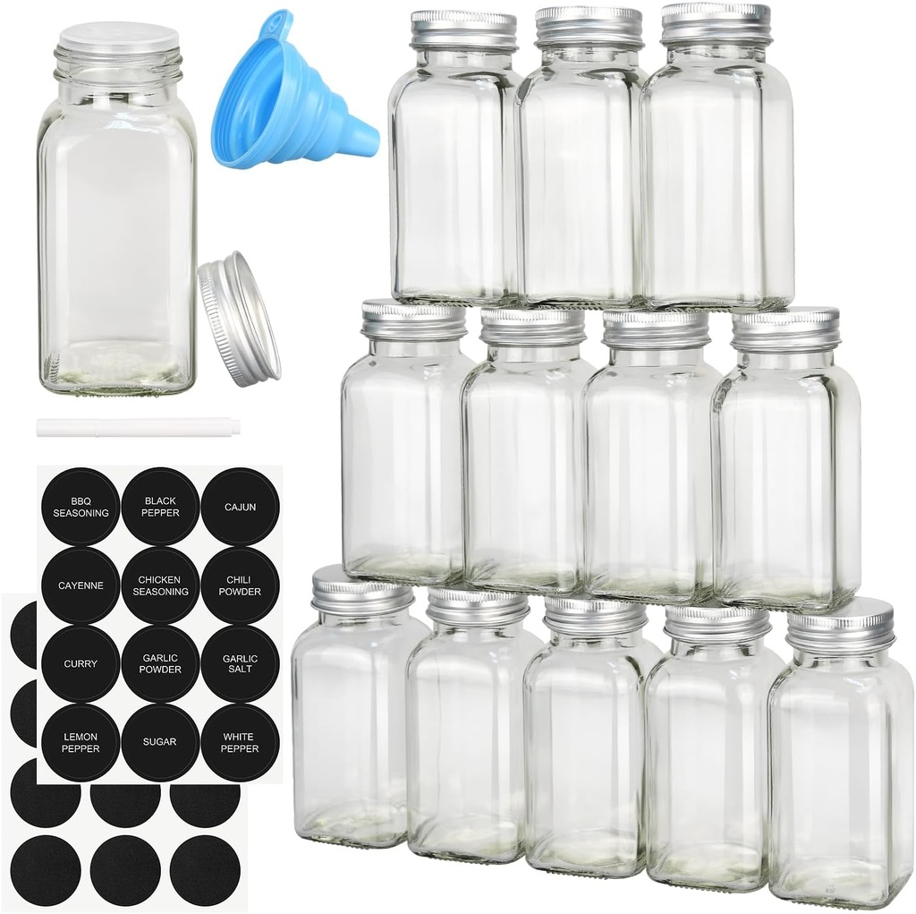 DkOvn 12pcs Glass Spice Jars, 4oz Empty Spice Jars with Metal Caps, Labels, Shaker Lids, Collapsible Funnel, Chalk Pen, Seasoning Organizer for Spice Rack