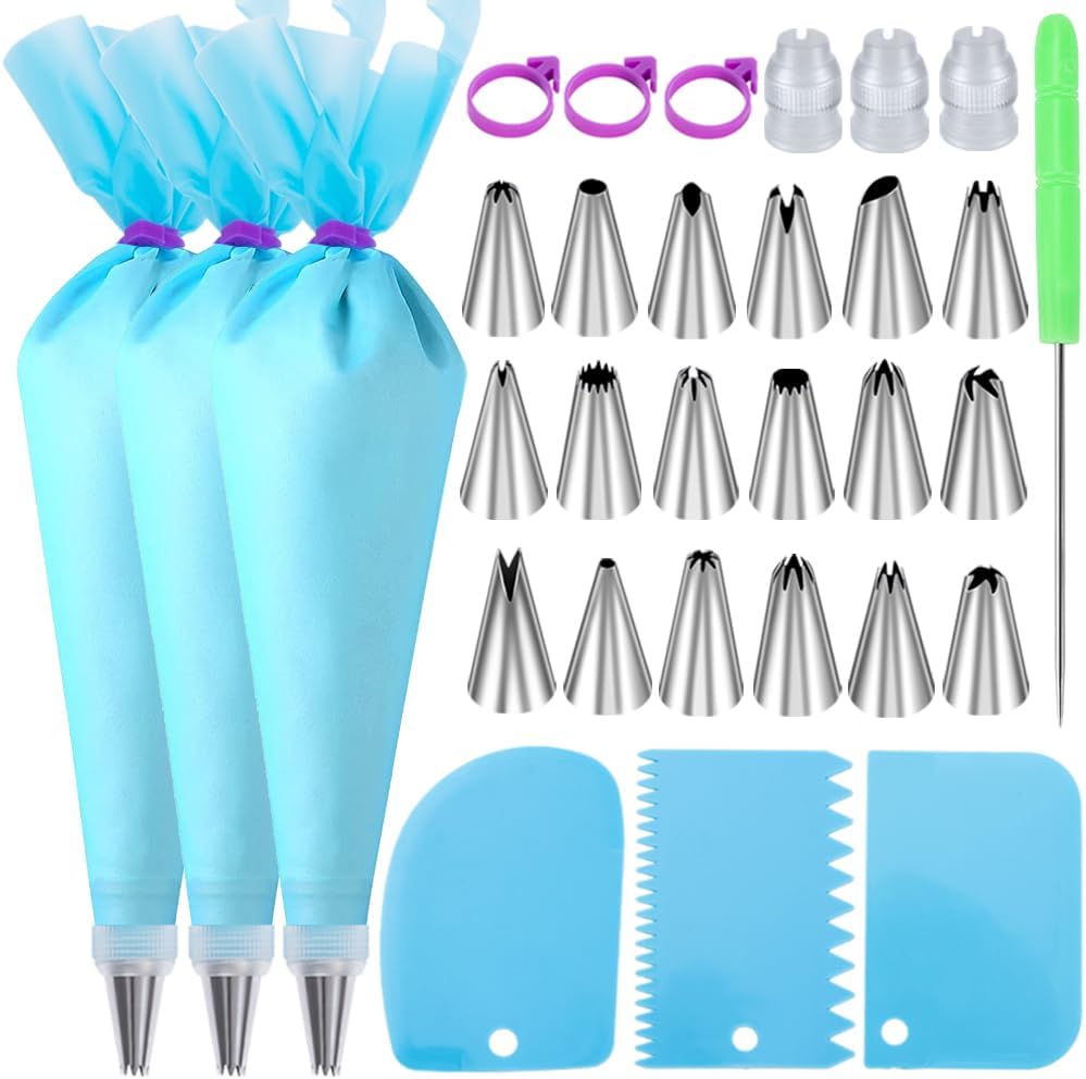 Piping Bags and Tips Set, Cakes Decorating Kit Supplies with 3 Reusable Pastry Bags, 18 Frosting Tips, 3 Couplers, 3 Bag Ties, 3 Cake Scraper, 1 Cake Decorating Tools for Cookie Icing