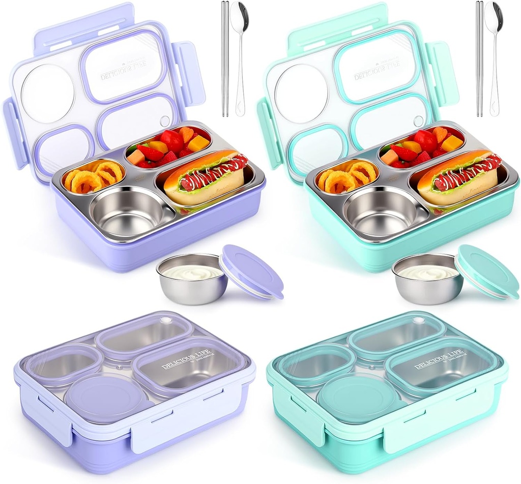 LemonRoad 2 Pcs Large Stainless Steel Adults Bento Box 36 oz Leak-resistant Lunch Box Containers Snack Containers 4-compartment Snack Tray Soup Bowl with Lid Spoon Chopsticks Dishwasher Safe