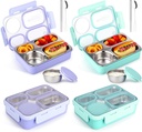 LemonRoad 2 Pcs Large Stainless Steel Adults Bento Box 36 oz Leak-resistant Lunch Box Containers Snack Containers 4-compartment Snack Tray Soup Bowl with Lid Spoon Chopsticks Dishwasher Safe