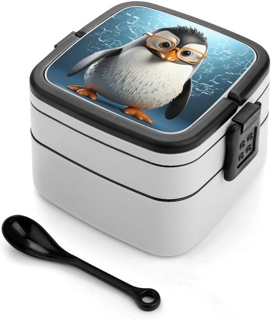 All-in-One Bento Box Stackable Leak-Proof Lunch Box With Carry Handle 2 Layer Portable Meal Prep Container Penguin With Glasses Lunchbox with Utensils for Dining Out Work