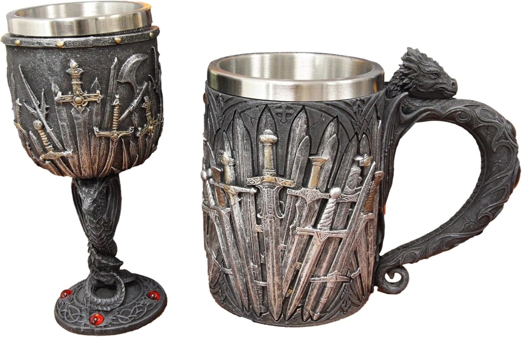 Ebros Set of 2 Medieval Valyrian Steel Blade Swords Wine Goblet Chalice With Entwined Dragons Stem And Iron Throne Dragon Tankard Mug Fantasy GOT Themed Accessory Party Prop Decors