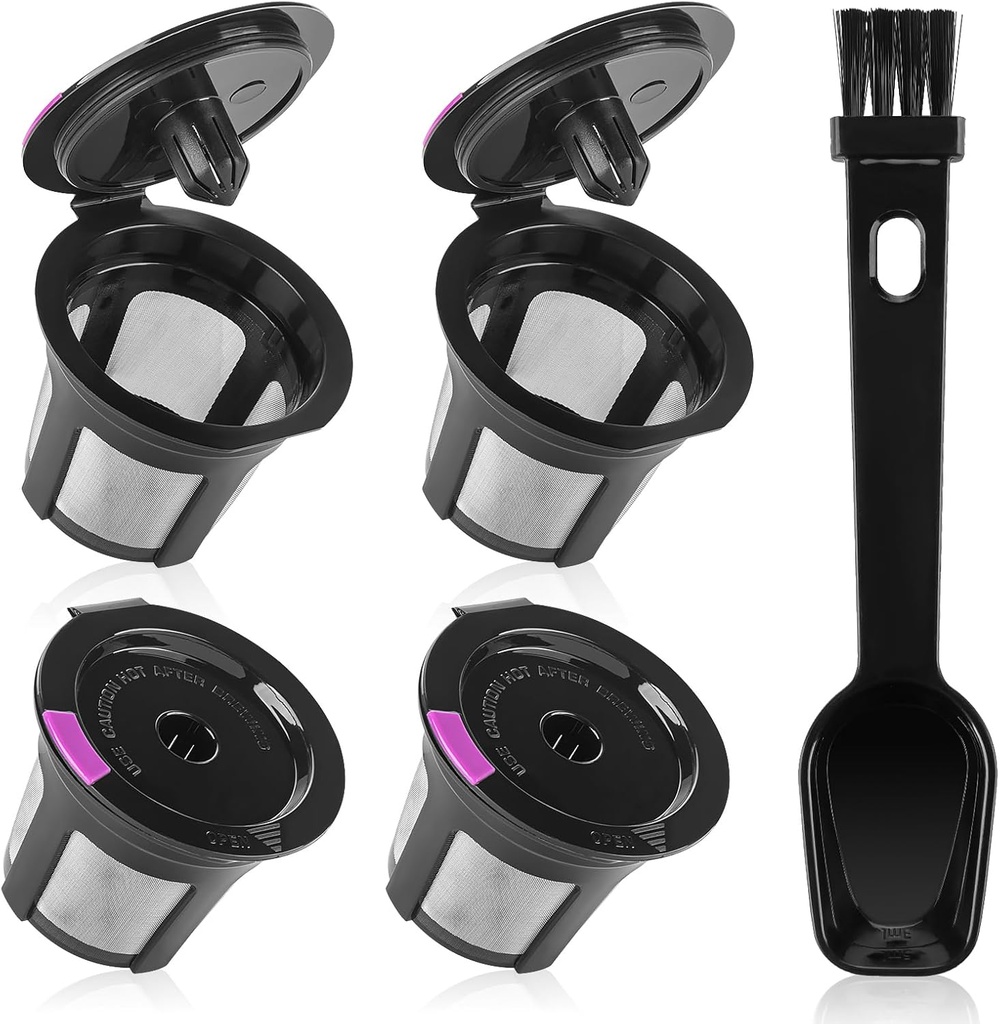 Reusable K Cups, 4 Pack Universal Fit Reusable Coffee Pods with Coffee Spoon, Refillable K Cups Coffee Filters with Food Grade Stainless Steel Mesh Fit for 2.0 Brewers Black