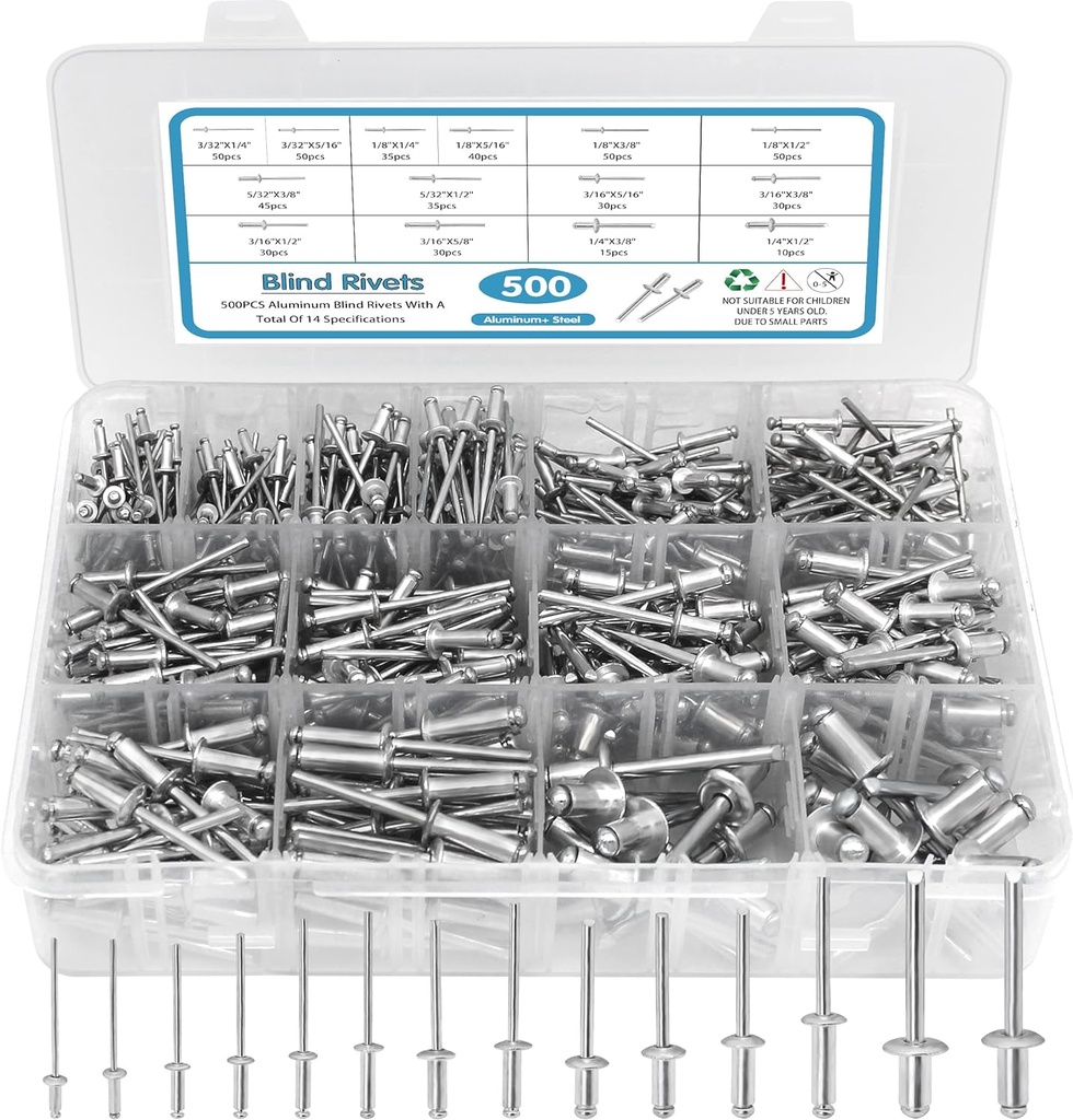500pcs Pop Rivets Assortment Kit,14 SAE Sizes Aluminum Rivets (3/32" 1/8" 5/32" 3/16" 1/4"), Assorted Blind Rivets with Reinfored Divider & Labeled Case