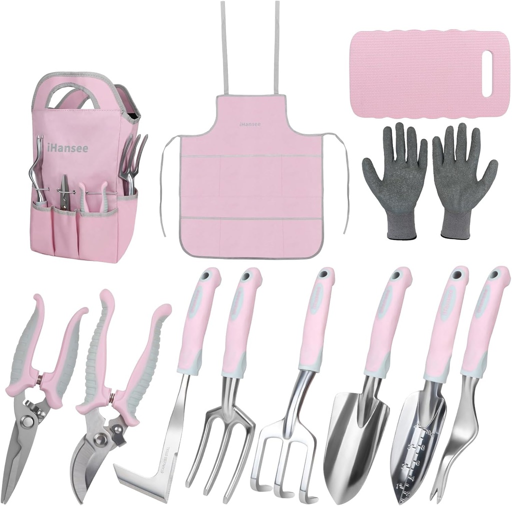 Pink Garden Tool Sets 12 Pieces, iHansee Aluminum Gardening Hand Tools with Non-Slip Handle, Kneeling Pad, Apron, Gloves and Organizer Bag, Landscaping Tools - Gift for Women & Garden Enthusiasts