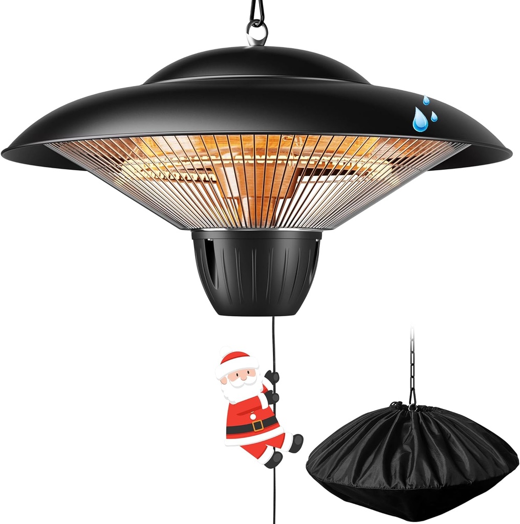 Patio Heater for Outdoor Use 1500W Electric Infrared Hanging Heater, Ceiling Mounted, Waterproof for Porch, Garage, Balcony, Overheat Protection Black