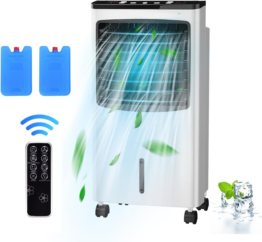 FANTASK Portable Air Cooler, Electric Air Cooling Machine with 3 Modes, 3 Speeds and Timer Function, Cooling Fan with Digital Display, Ice Crystal Box and Large Water Tank, Idea for Home Office