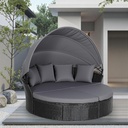 Incbruce Patio Round Daybed with Retractable Canopy, Black Wicker Rattan Sectional Sofa Furniture Set with Separated Cushion Seats for Patio, Porch and Backyard (Black)