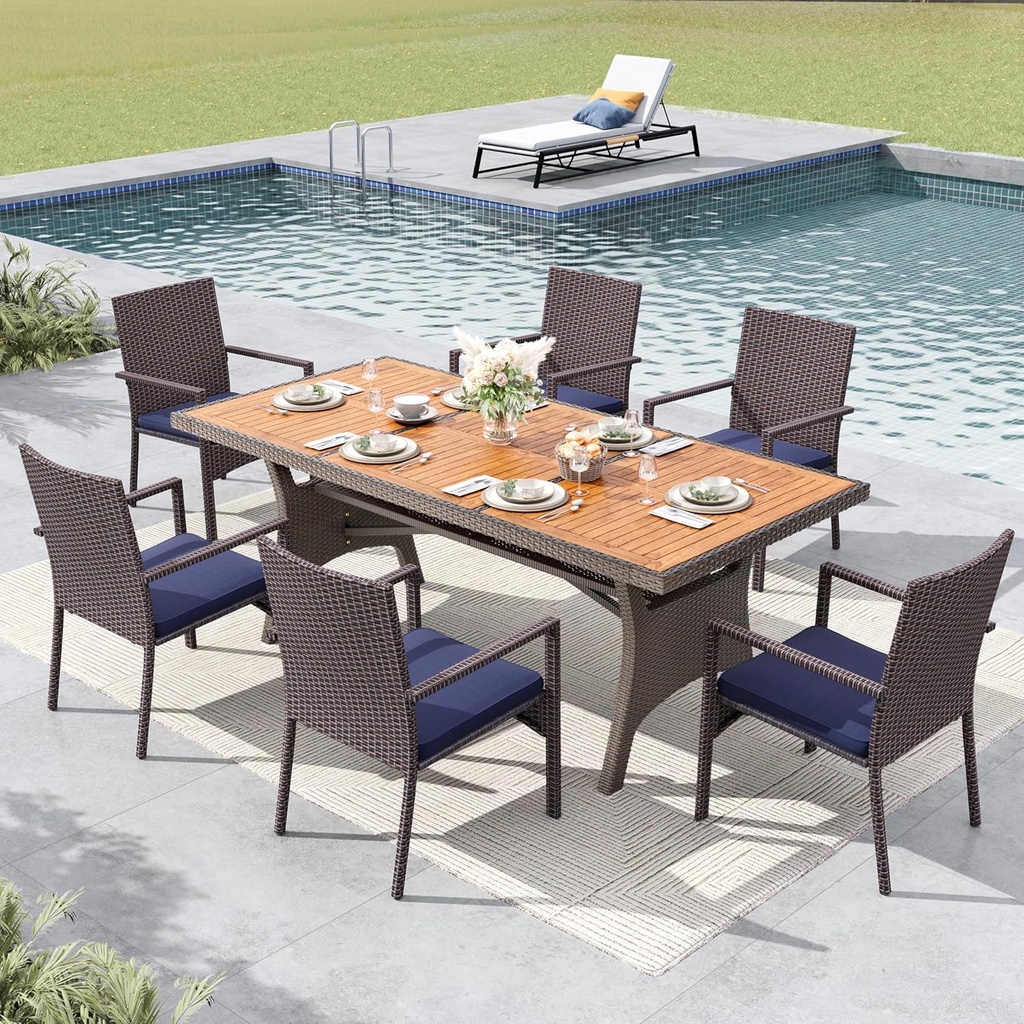 MFSTUDIO Patio Dining Sets for 6, Outdoor Table and Chairs, 74’’ Wood Top Rectangular Table Set with Chairs, 7 Pieces Patio Outdoor Dining Furniture Set, Deck, Backyard, Porch