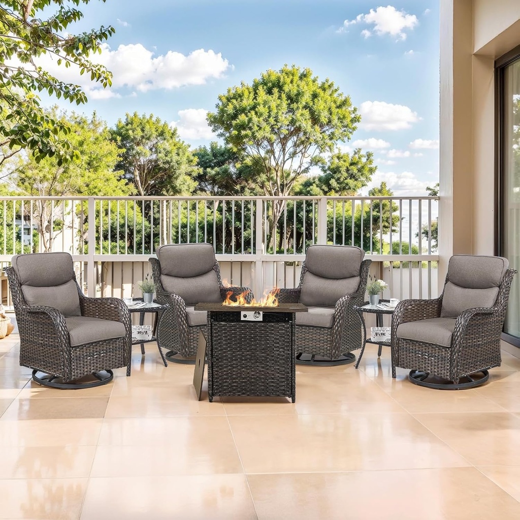 Outdoor Swivel Rocker Patio Chairs Set of 4 with Fire Table - 5" Thick Cushion 6 Piece Furniture Set with Fire Pit Table All Weather Wicker Conversation Set for Porch Deck - Brown/Gray
