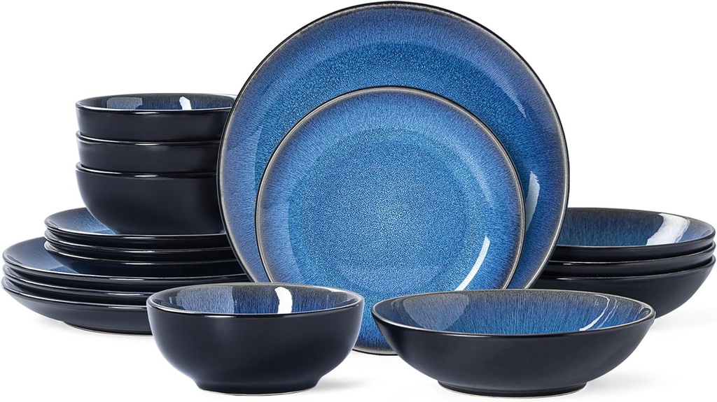 Plates and Bowls Sets for 4 - CJDC-QUELO 16-Piece Stoneware Dinnerware Sets, Ceramic Dishware Set for Kitchen Use and Formal Dining, Chip and Scratch Resistant Microwave Dishwasher Safe, Blue