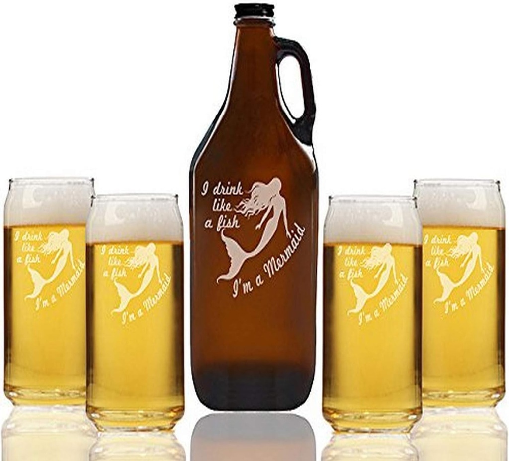 "Drink Like A Fish I'm A Mermaid" Beer Amber Growler & Can Glasses, Set of 5