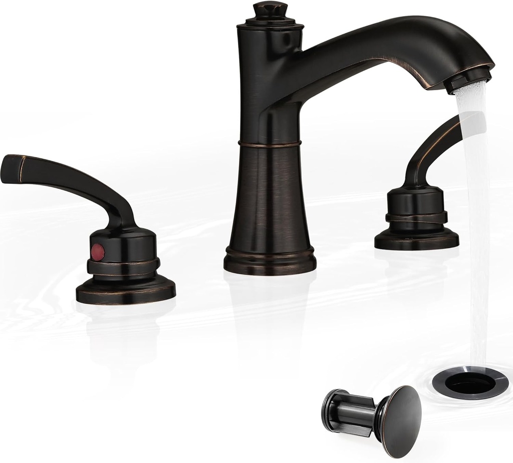 8 Inch Oil Rubbed Bronze Bathroom Faucet Widespread Brass Bathroom Sink Faucet 3 Hole, 2 Handle with Pop up Drain & Pre-Installed Water Hose