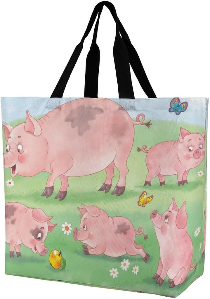 Reusable Grocery Bags, Reusable Shopping Bags Foldable with Handles Grocery Tote Bag Heavy Duty for Groceries Funny Farm Cute Pigs Printed