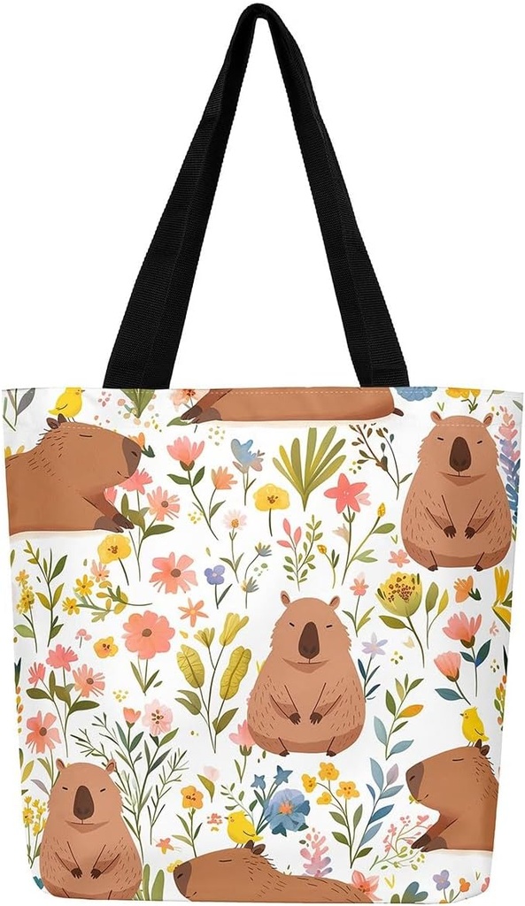 Hippie Flowers Canvas Tote Bag Aesthetic for Women Girls,Cute Animals Reusable Grocery Handbag