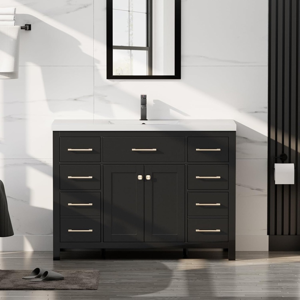 LUCKWIND 48" Modern Bathroom Vanity and Sink, Painted Bathroom Storage Cabinet with Single Resin Sink, Two Doors and Four Drawers, Include Faucet Without Mirror, Black