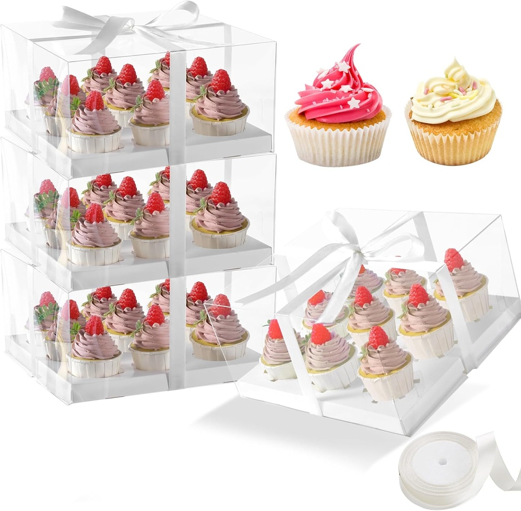 4packs 9 counts Clear Cupcake Boxes,5.5inches height 9 Count Cupcake Containers with Gift Ribbon，Disposable Cupcake Carrier Holder with Detachable Tall Dome Lid, BPA Free, Standard Size(9count/4pcs)